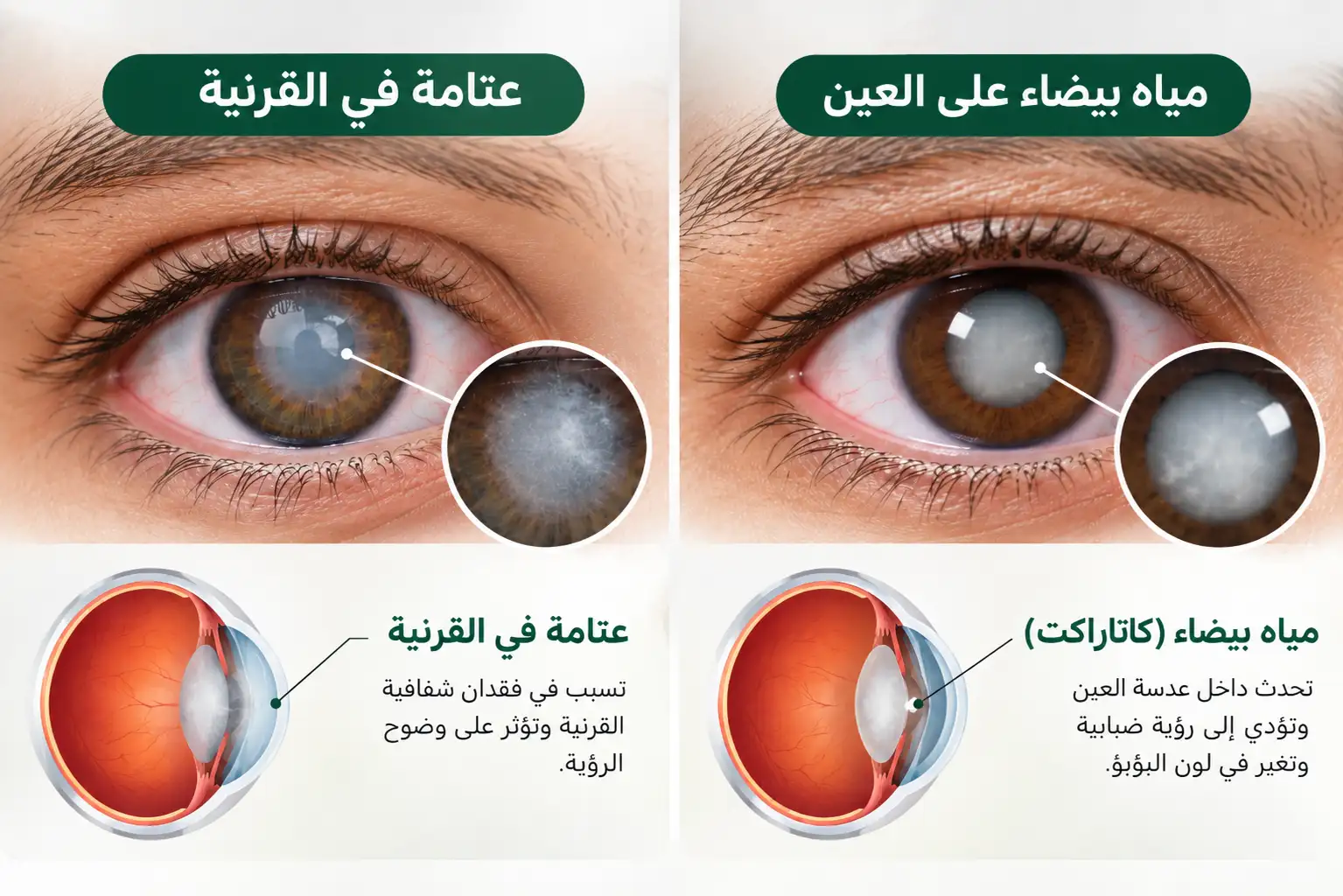 الفرق بين المياه البيضاء وعتامة القرنية